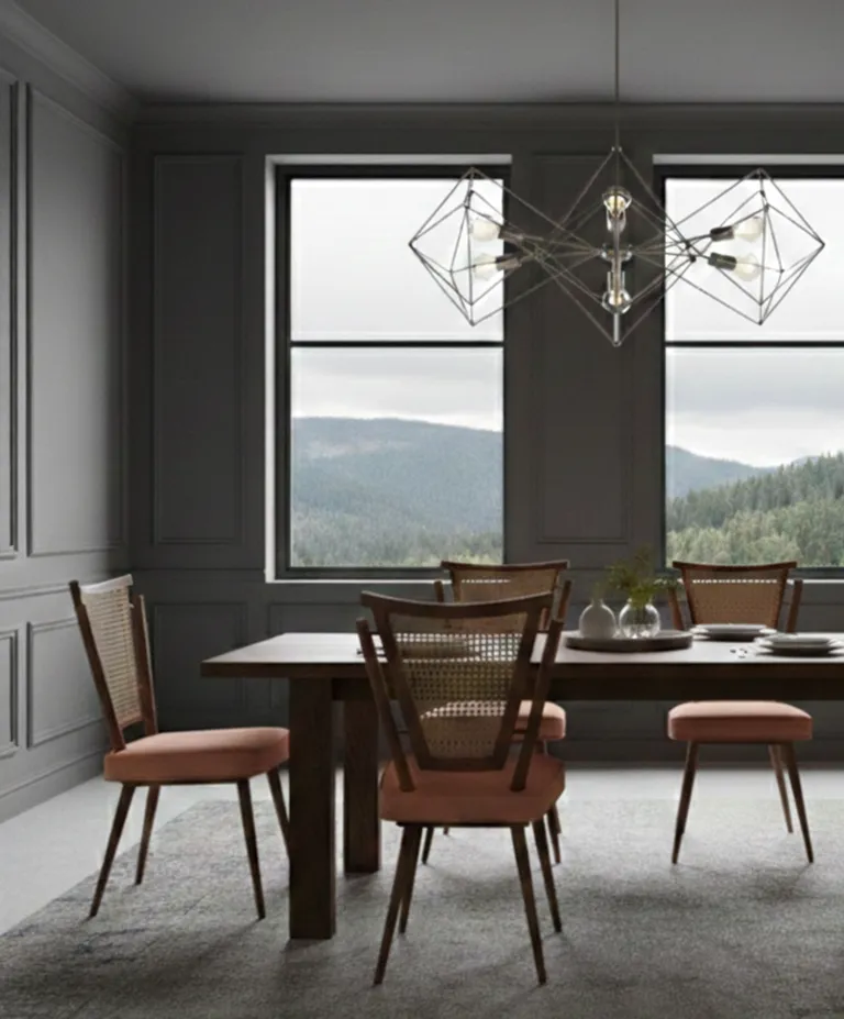 Four antique chairs in a modern and cozy setting.