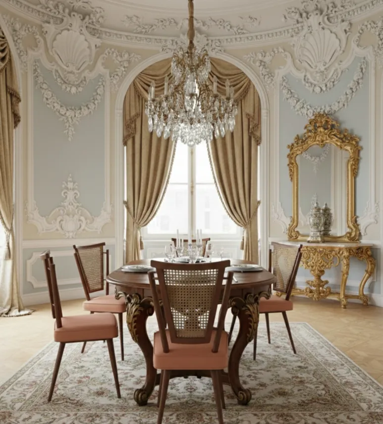 아르데코 장식 환경에 있는 4개의 고전 의자