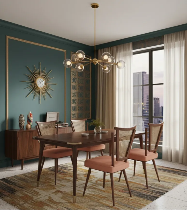 Four antique chairs with peach cushions in a decorated room.