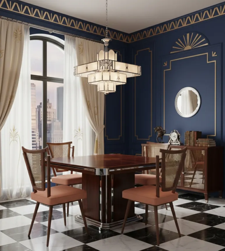 Conjunto de 4 cadeiras antigas de estilo Art Deco, perfeitas para restaurar, em um ambiente elegante.
