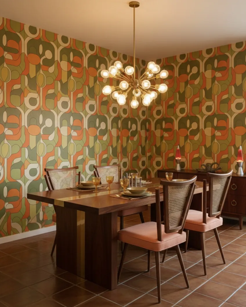 Set of 4 antique chairs to restore in a retro environment with colorful patterned walls.