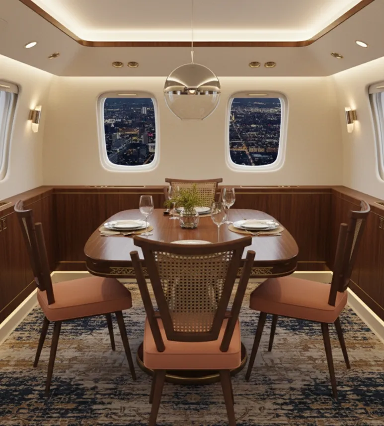 Vista di 4 sedie antiche disposte attorno a un elegante tavolo da pranzo con luce naturale