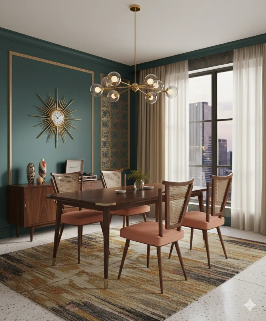 Quatro cadeiras antigas em um ambiente elegante com decoração moderna.