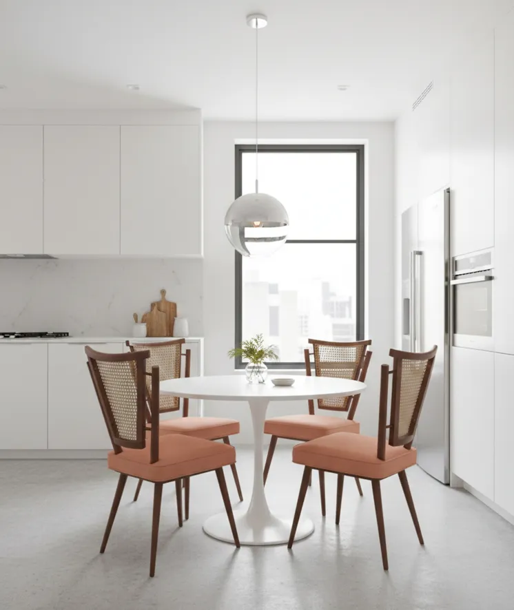 Cuatro sillas antiguas con cojines, en un entorno moderno