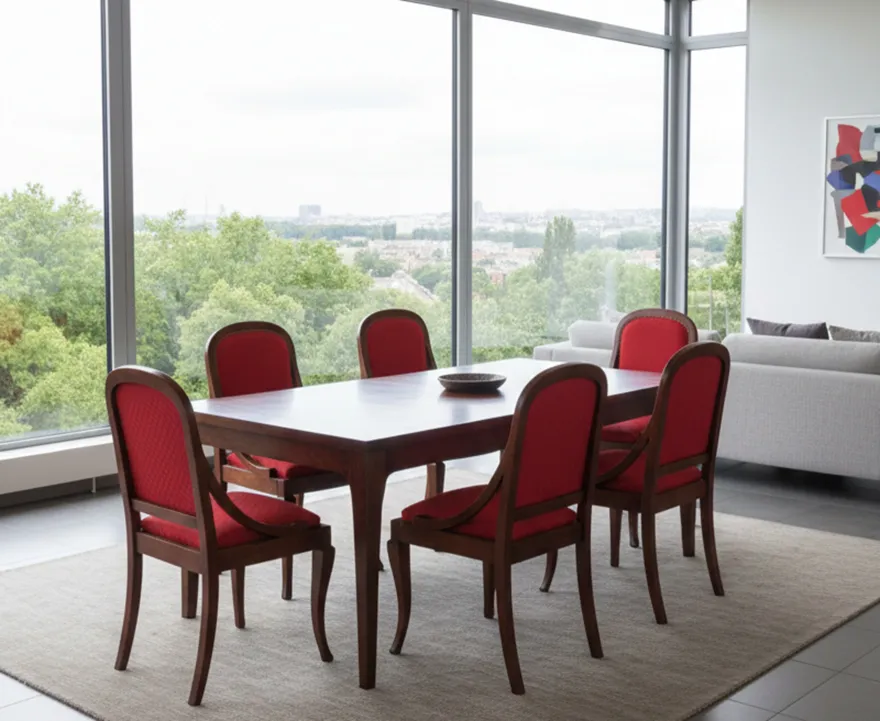 six antique chairs with red upholstery around a table
