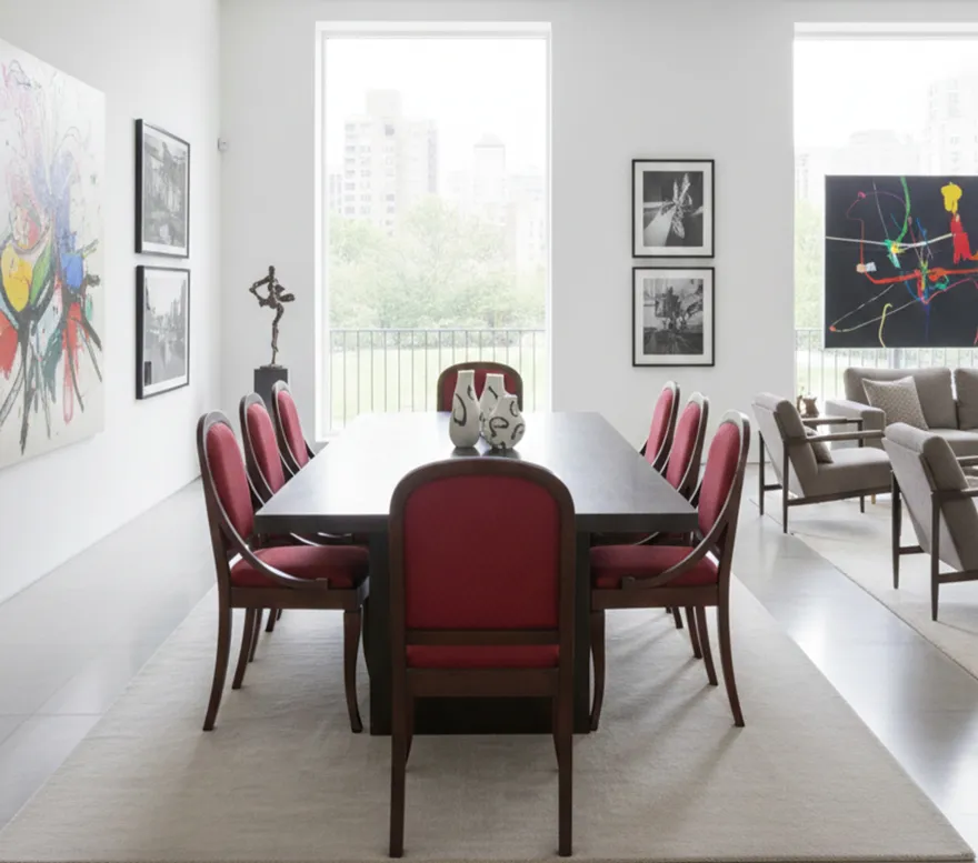 six antique chairs with red upholstery at a modern table