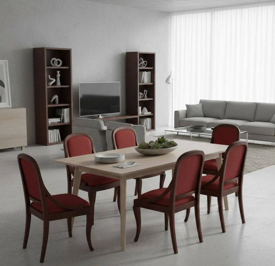 Set di 6 sedie antiche con rivestimento rosso in un ambiente moderno.