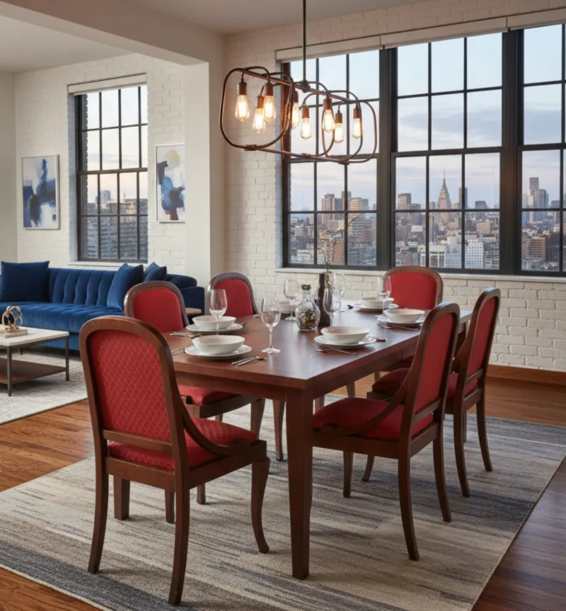 Six antique chairs with red upholstery in a modern dining room.