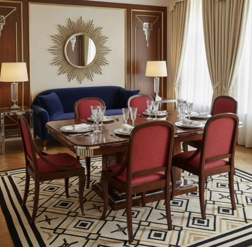 6 sillas antiguas con almohadones rojos en elegante comedor