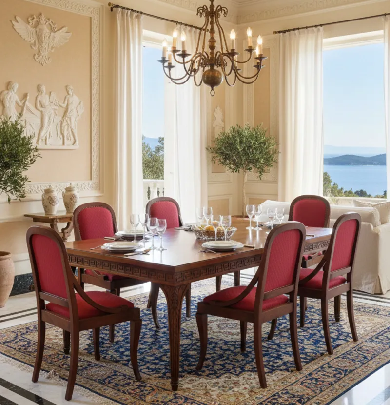 6 chaises anciennes avec rembourrage rouge, salle à manger élégante