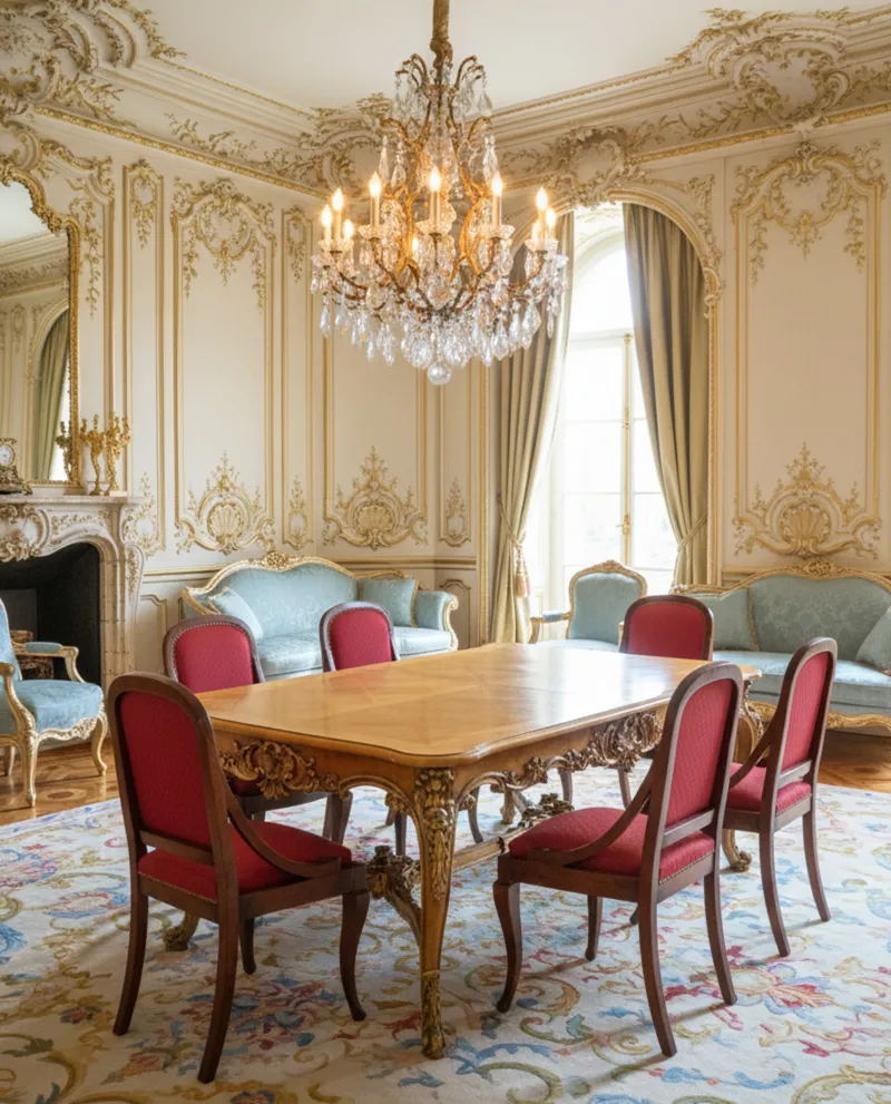 ستة كراسي قديمة في بيئة أنيقة، تفاصيل ذهبية.