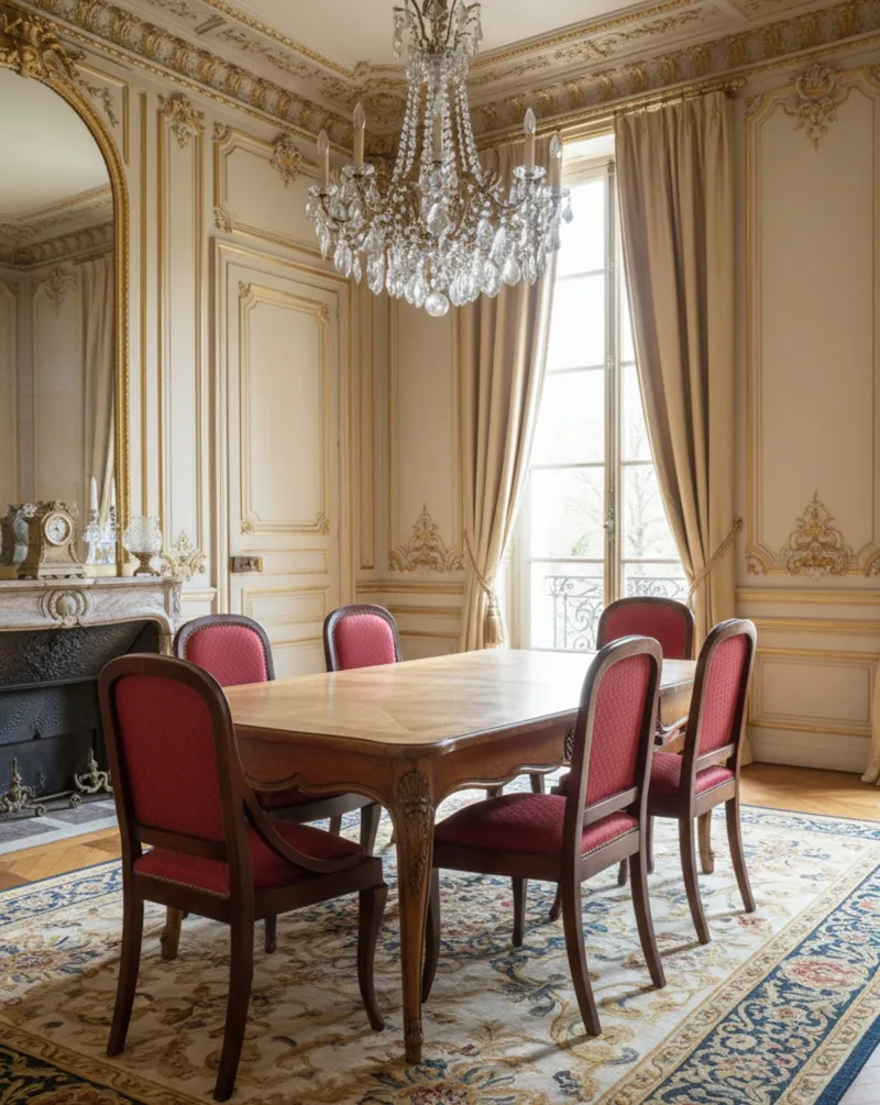 Seis sillas antiguas para restaurar en un elegante comedor con candelabro