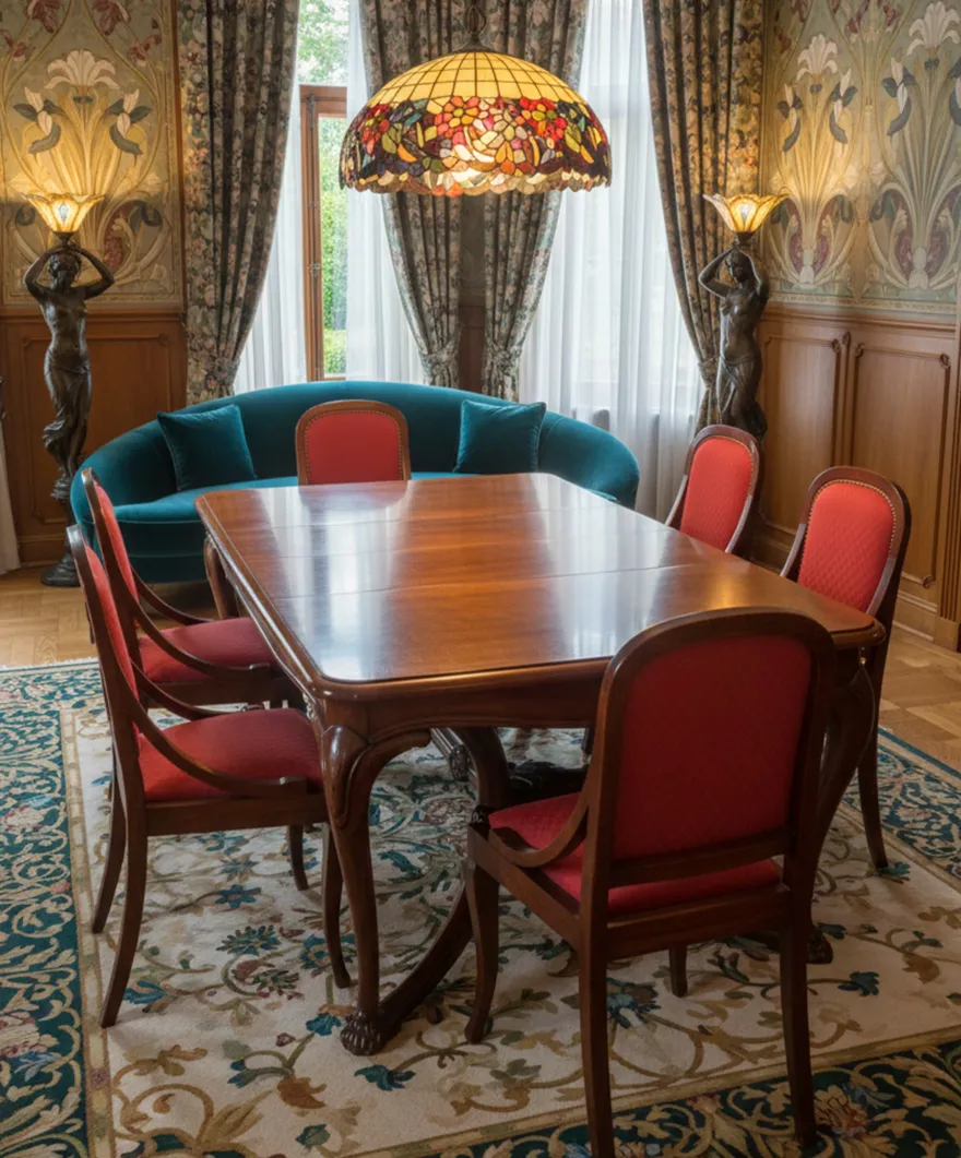 6 antike Holzstühle mit roten Kissen in einem eleganten Esszimmer