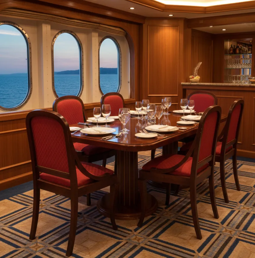 Seis cadeiras antigas para restaurar em sala de jantar elegante com vista para o mar.
