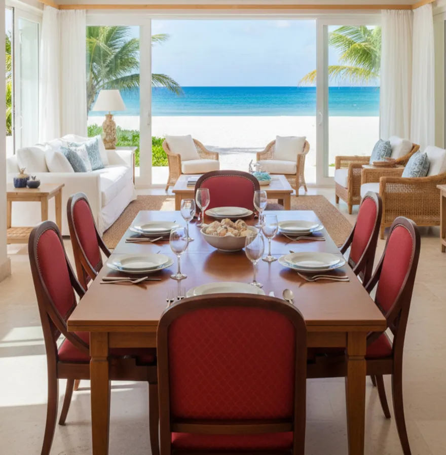 six antique chairs with red upholstery in a dining area