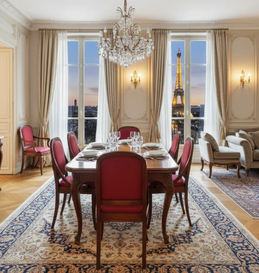 Sala de jantar elegante com 6 cadeiras antigas e vista da torre Eiffel