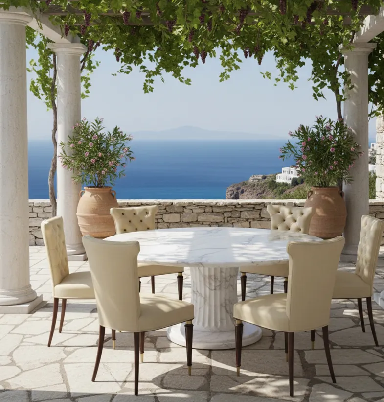 Set di 6 sedie antiche in un ambiente esterno con vista sul mare.