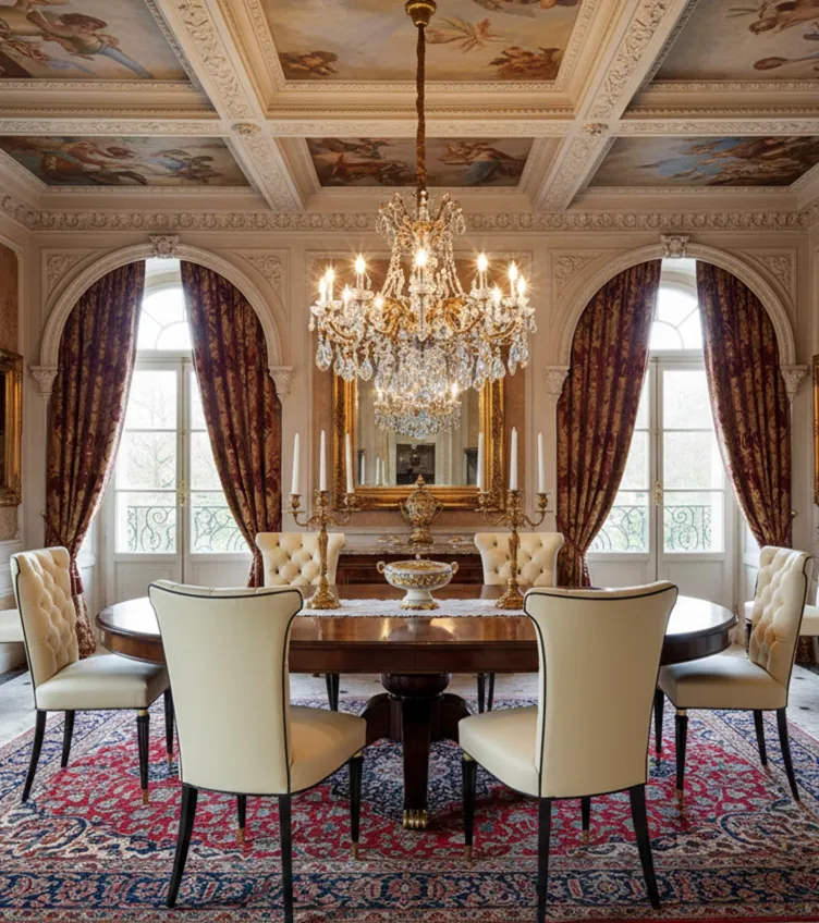 6 प्राचीन कुर्सियाँ भव्य भोजन कक्ष में प्राकृतिक प्रकाश के साथ