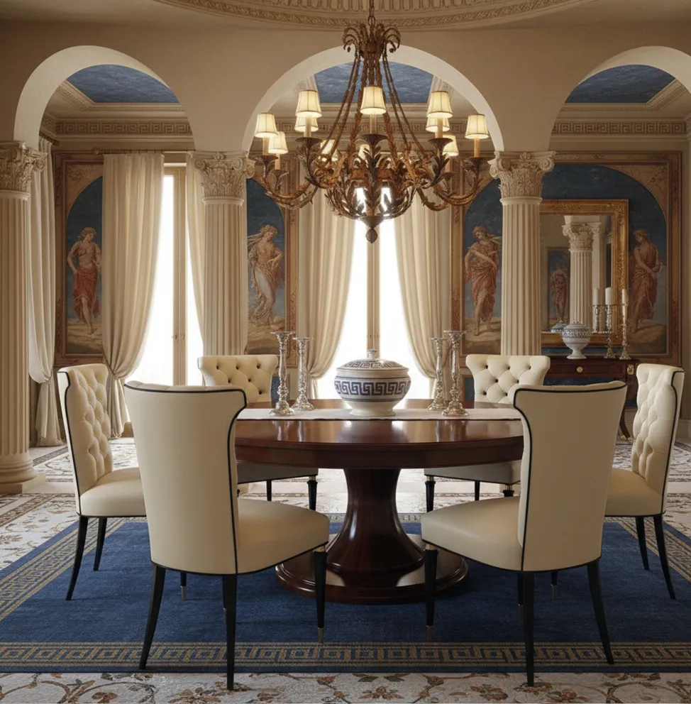 6 chaises anciennes dans une salle à manger classique avec lustres