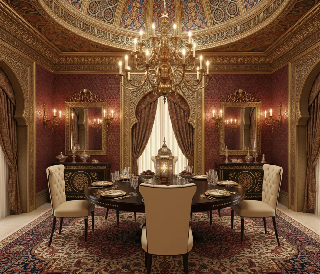 Sala de jantar elegante com 6 cadeiras antigas e detalhes luxuosos.