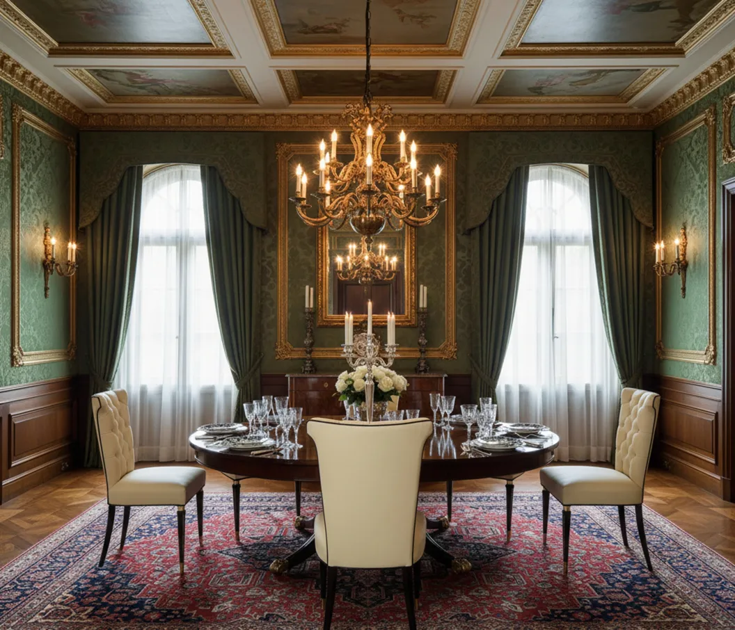 Set of 6 antique chairs to restore in an elegant dining room with chandeliers