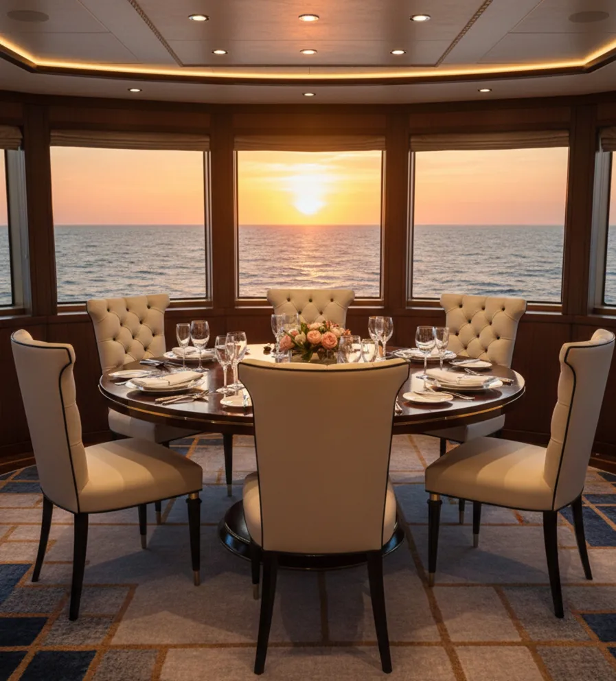 sei sedie antiche disposte attorno a un tavolo decorato in un ambiente elegante vicino al mare