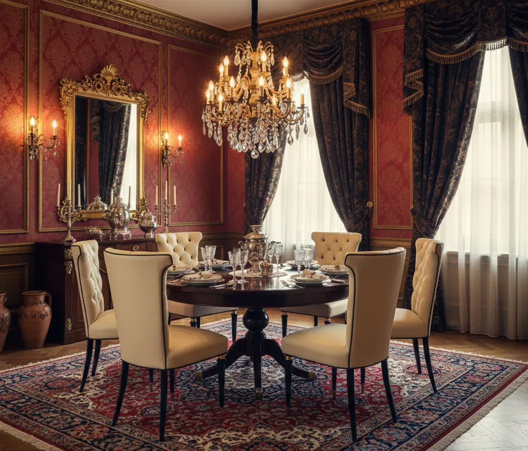 six antique chairs to restore in an elegant dining room with tables and chandeliers.