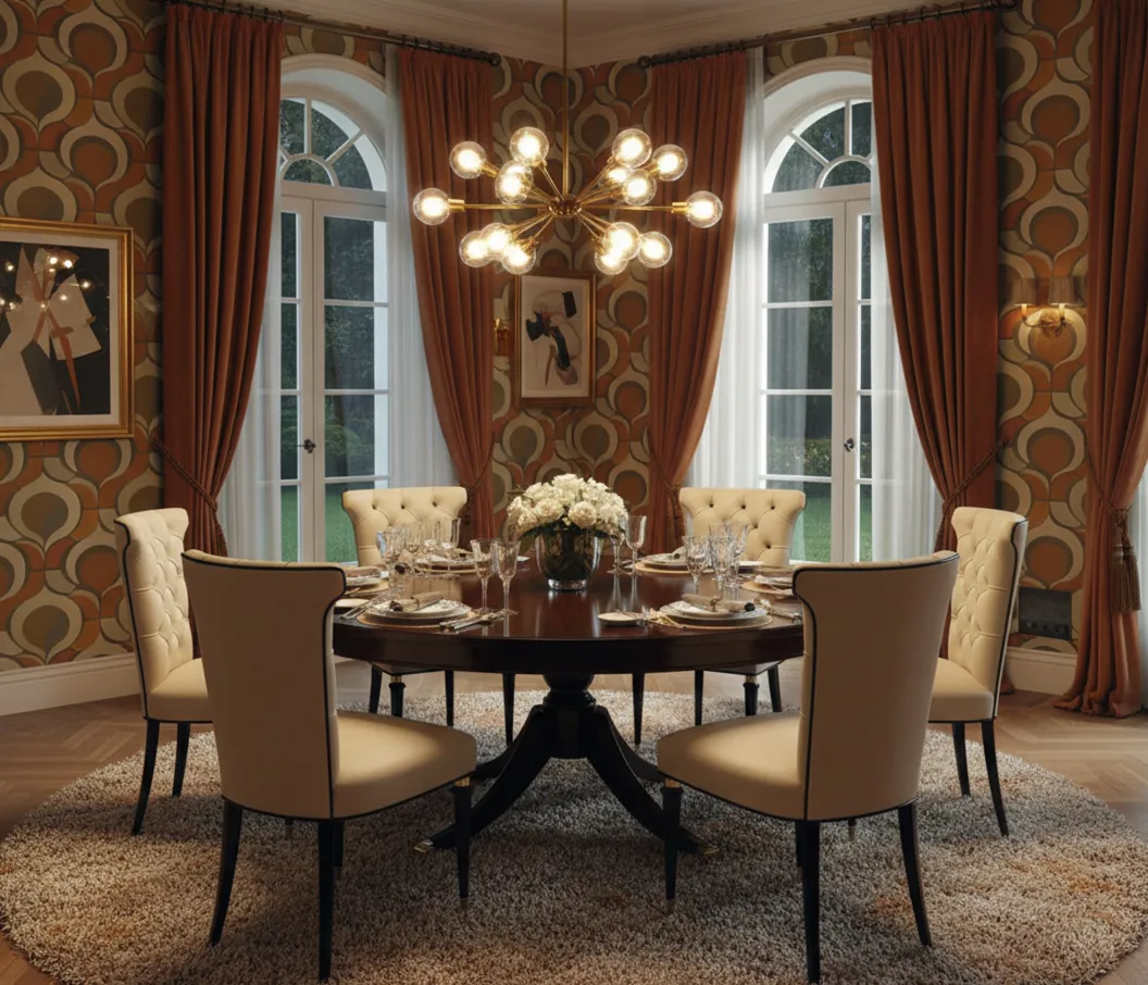 Set di 6 sedie antiche da restaurare in una sala da pranzo elegante con tavolo apparecchiato.