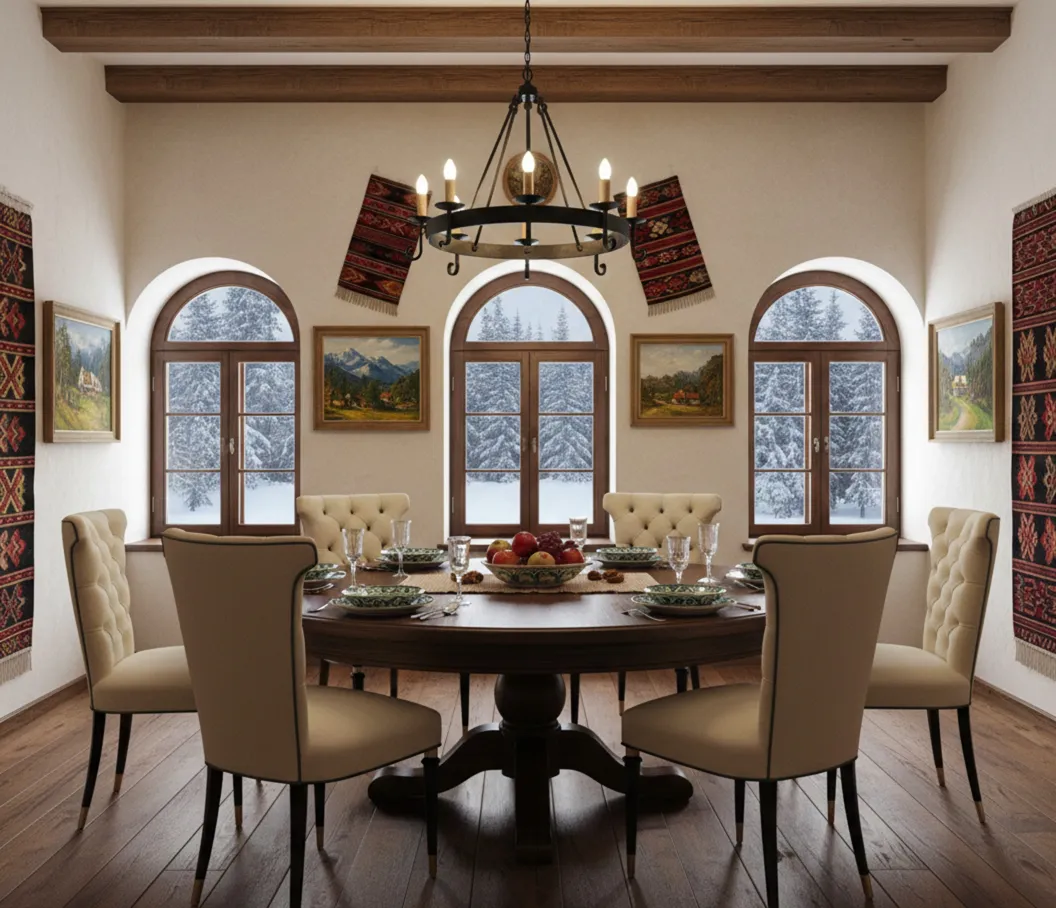 six antique chairs with light upholstery in a cozy dining room