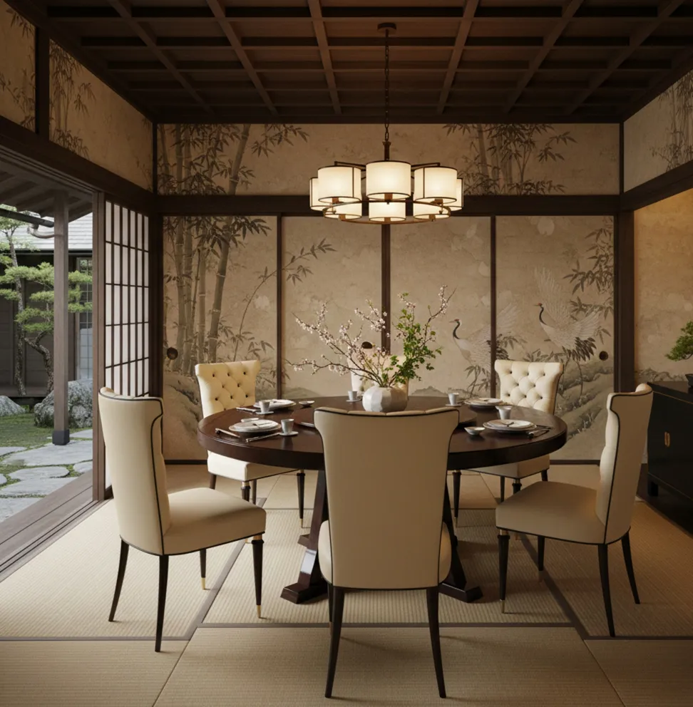 6 cadeiras antigas com design elegante em uma sala de jantar refinada