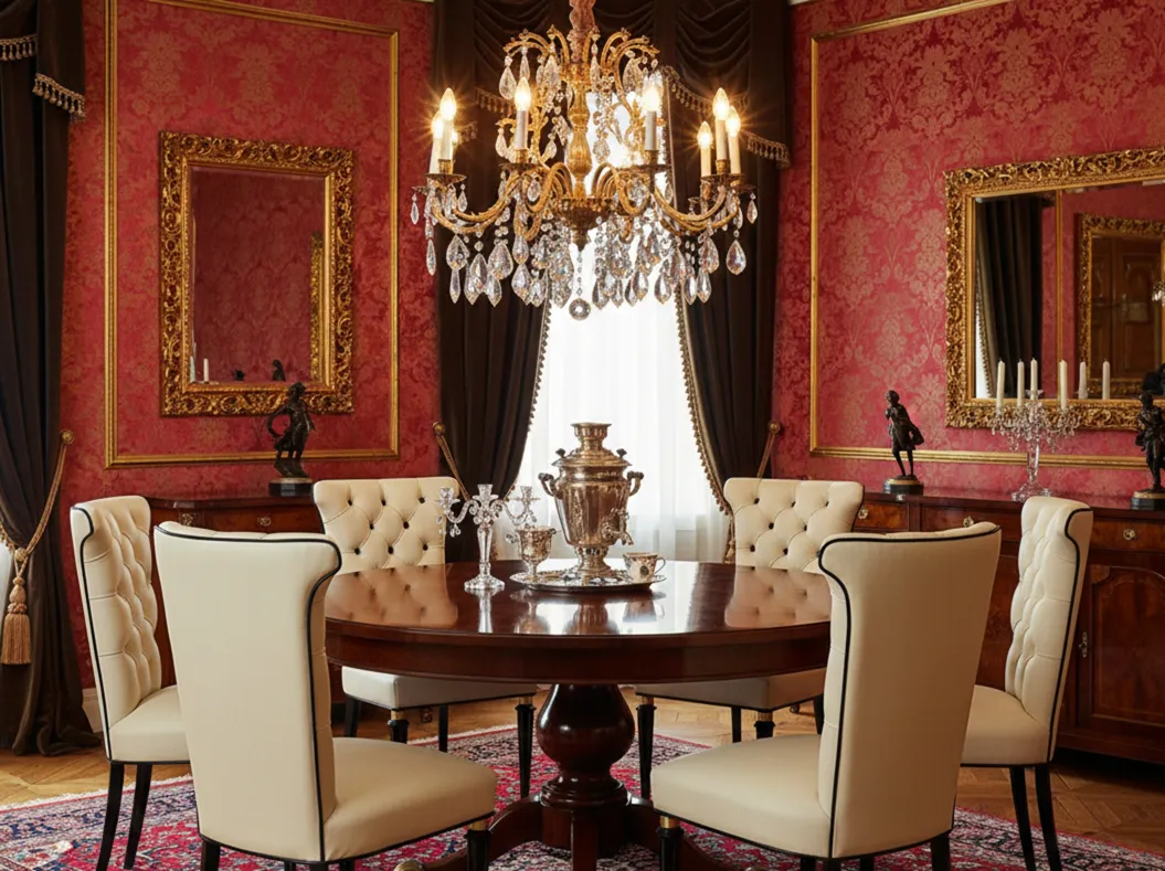 environnement élégant avec 6 chaises anciennes à restaurer autour d'une table, lumière dorée et décoration luxueuse.