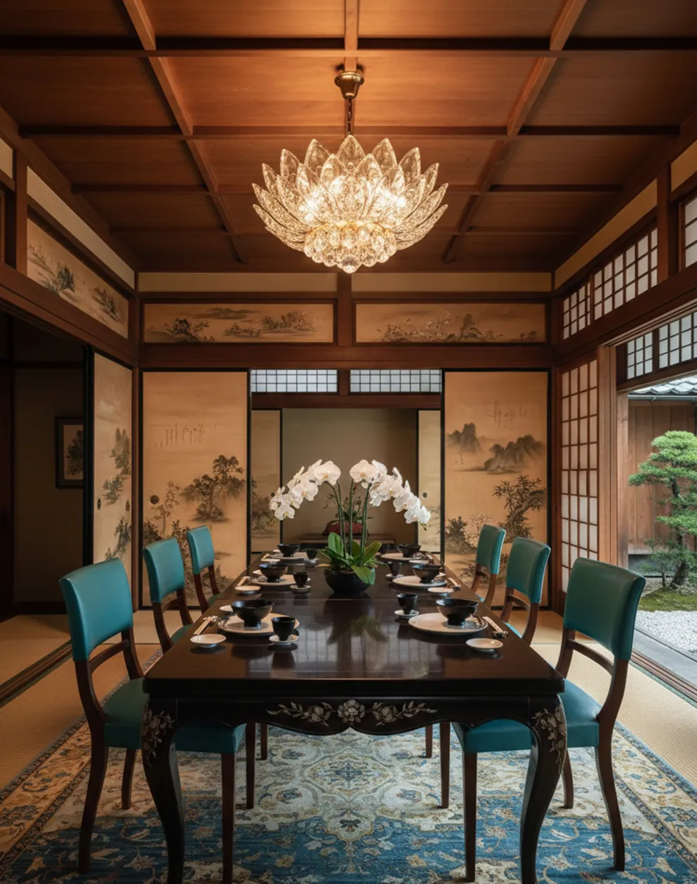 six antique chairs with vibrant colors in an elegant setting