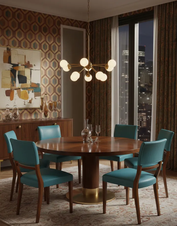 Six antique blue chairs in an elegant dining room with a round table