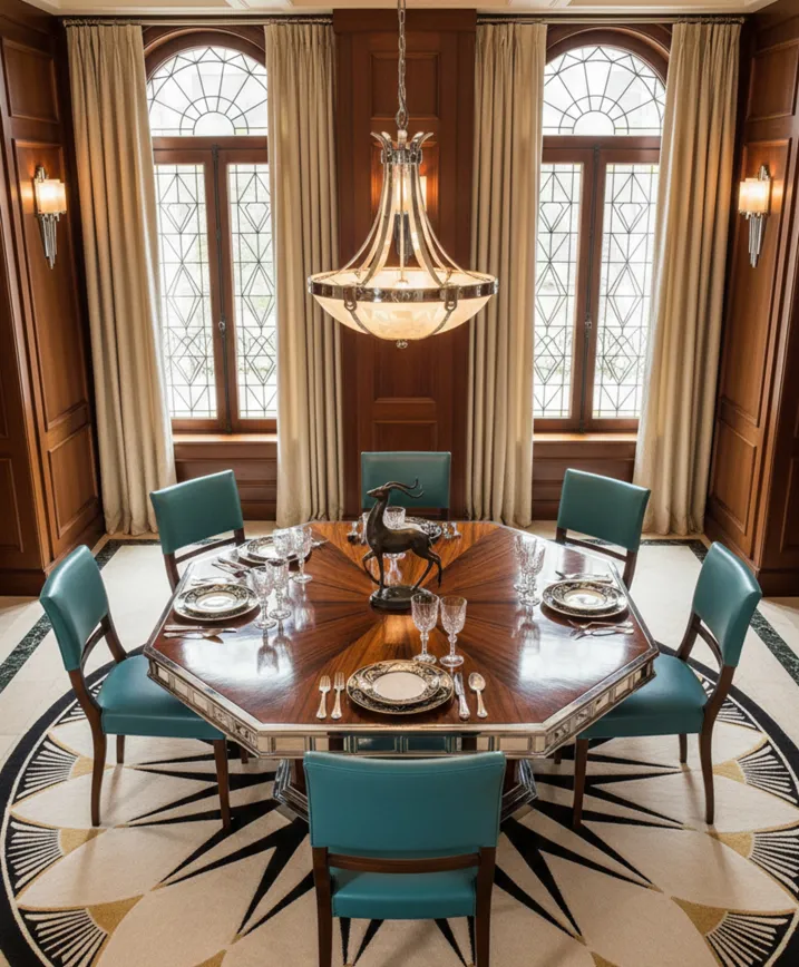 Vista da sala de jantar com seis cadeiras antigas para restaurar e uma mesa octogonal.