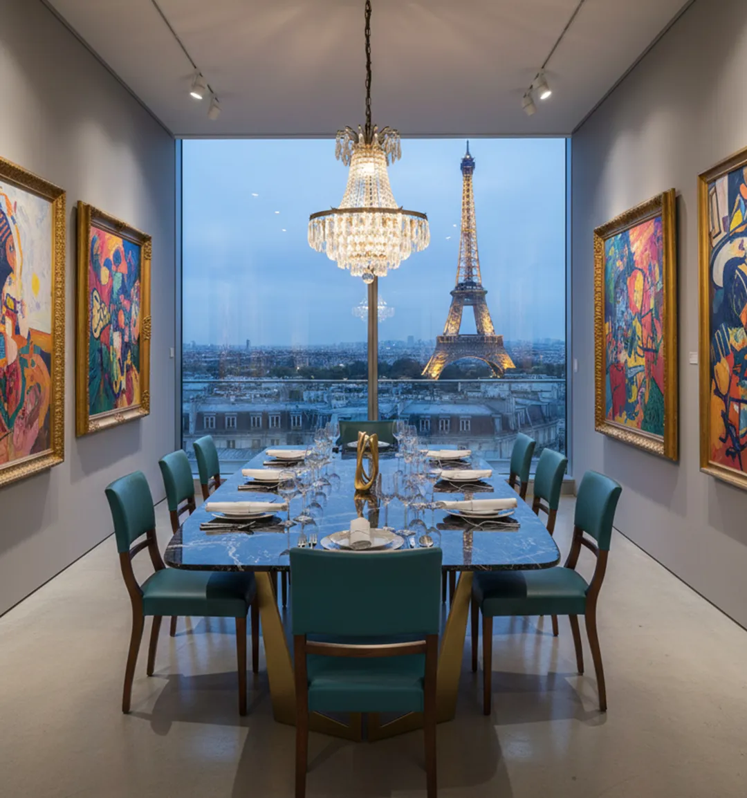 Sala da pranzo elegante con 6 sedie antiche e vista sulla Torre Eiffel