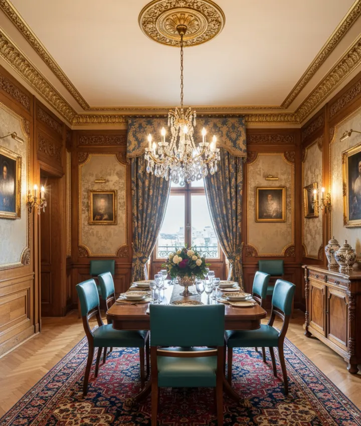 6 antike Esszimmerstühle mit eleganter Polsterung in einem dekorierten Umfeld