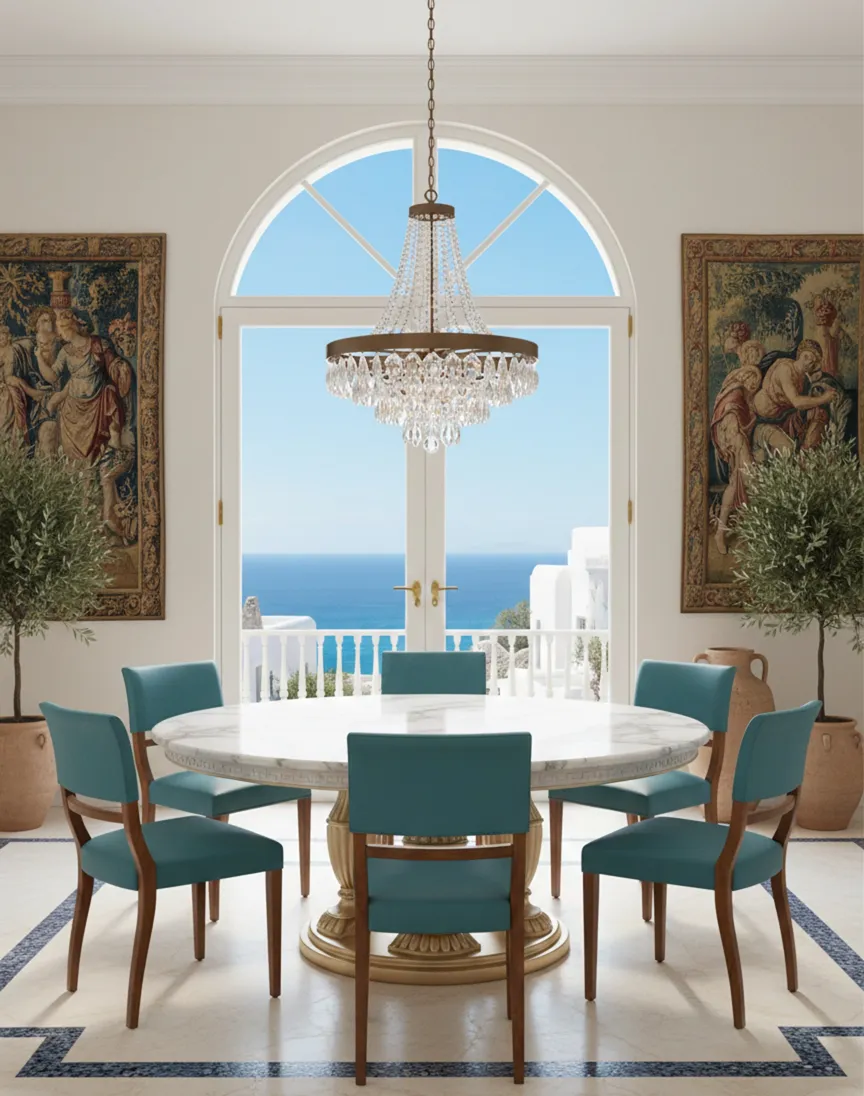 sei sedie antiche con rivestimento blu in un ambiente luminoso