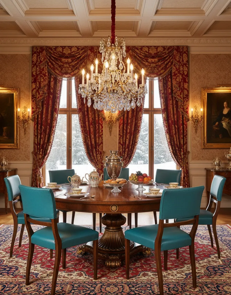 Sechs antike Stühle mit blauer Polsterung in einem eleganten Esszimmer.