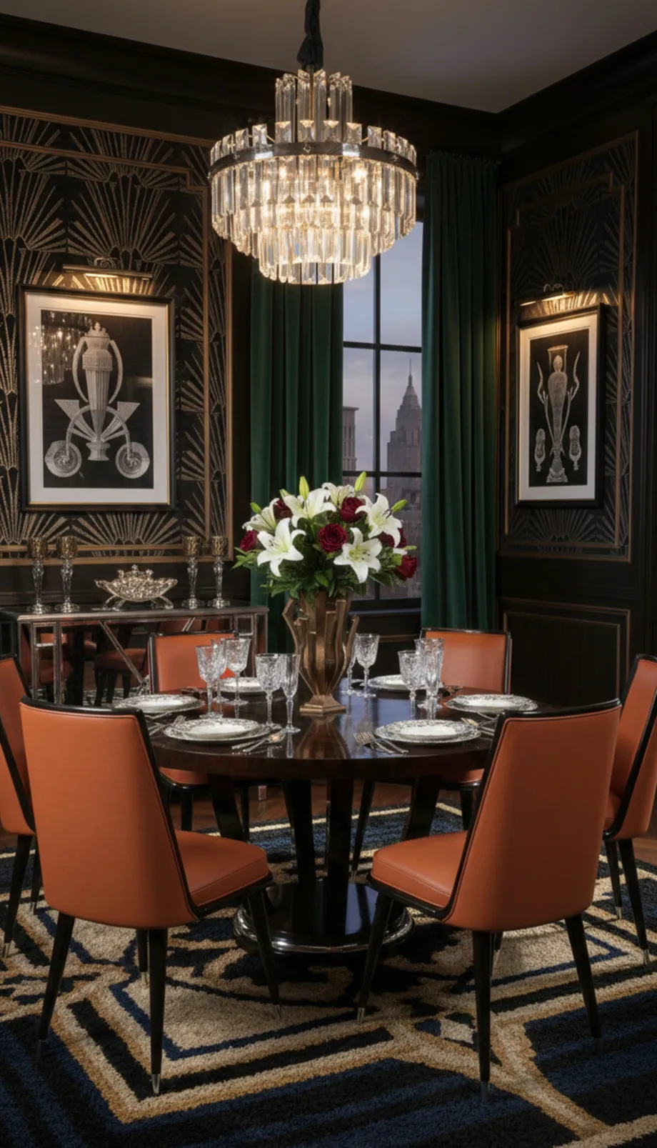 View of 6 antique chairs in a luxurious dining environment