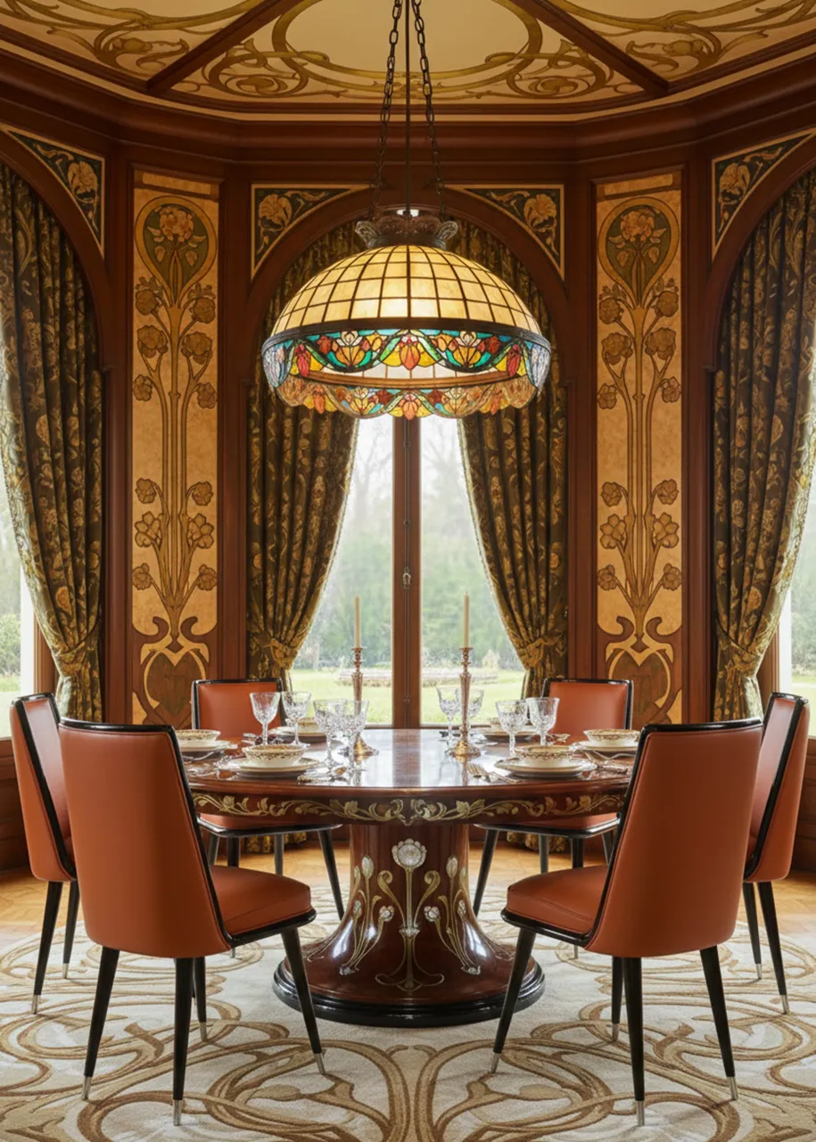 sechs antike Stühle in einem eleganten Ambiente mit einem runden Tisch