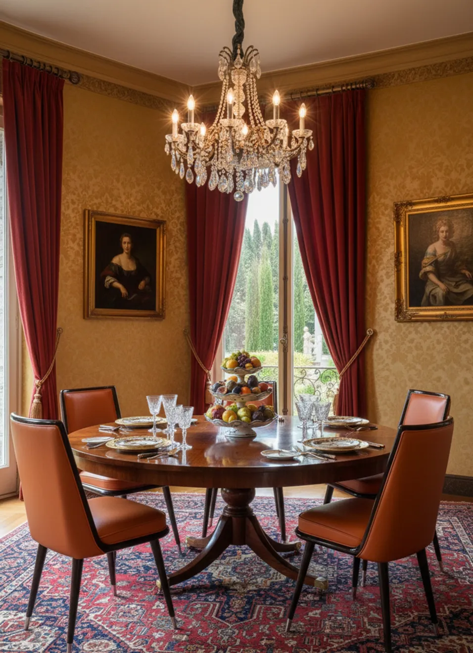 6 antique chairs in an elegant dining room with a chandelier