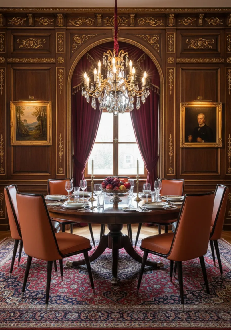 seis sillas antiguas en un comedor elegante con lámpara