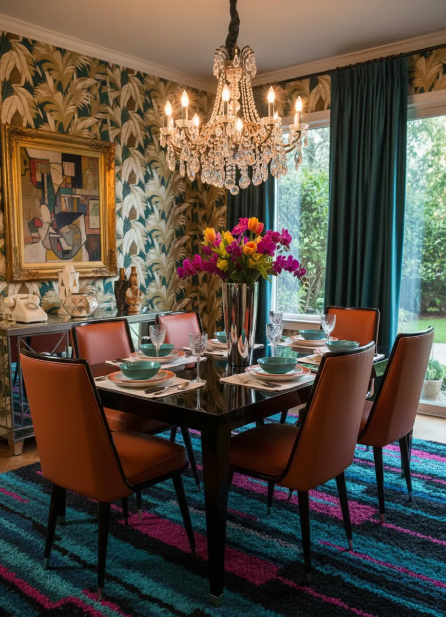 6 chaises anciennes dans une salle à manger colorée avec des plantes