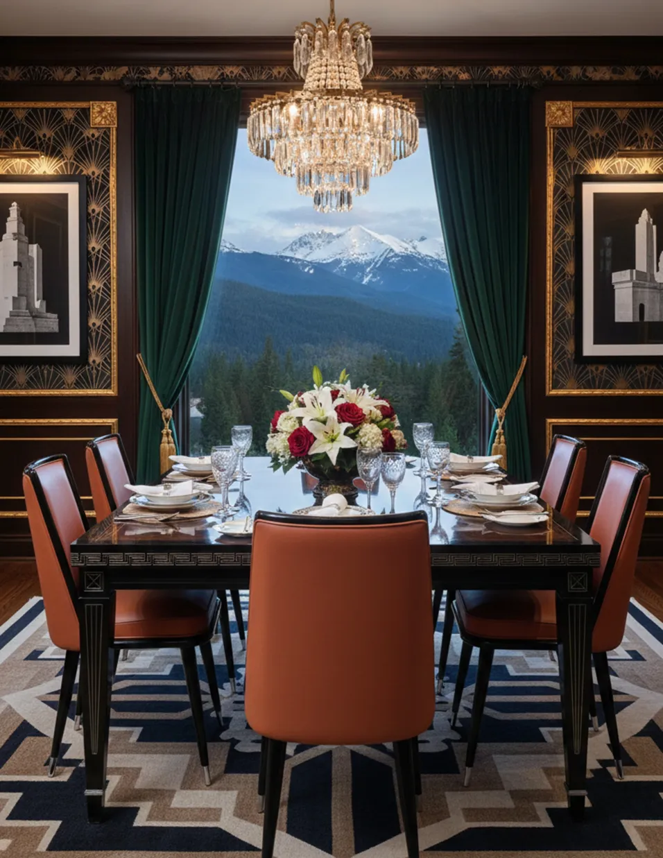 6 antique chairs in an elegant dining room with a view