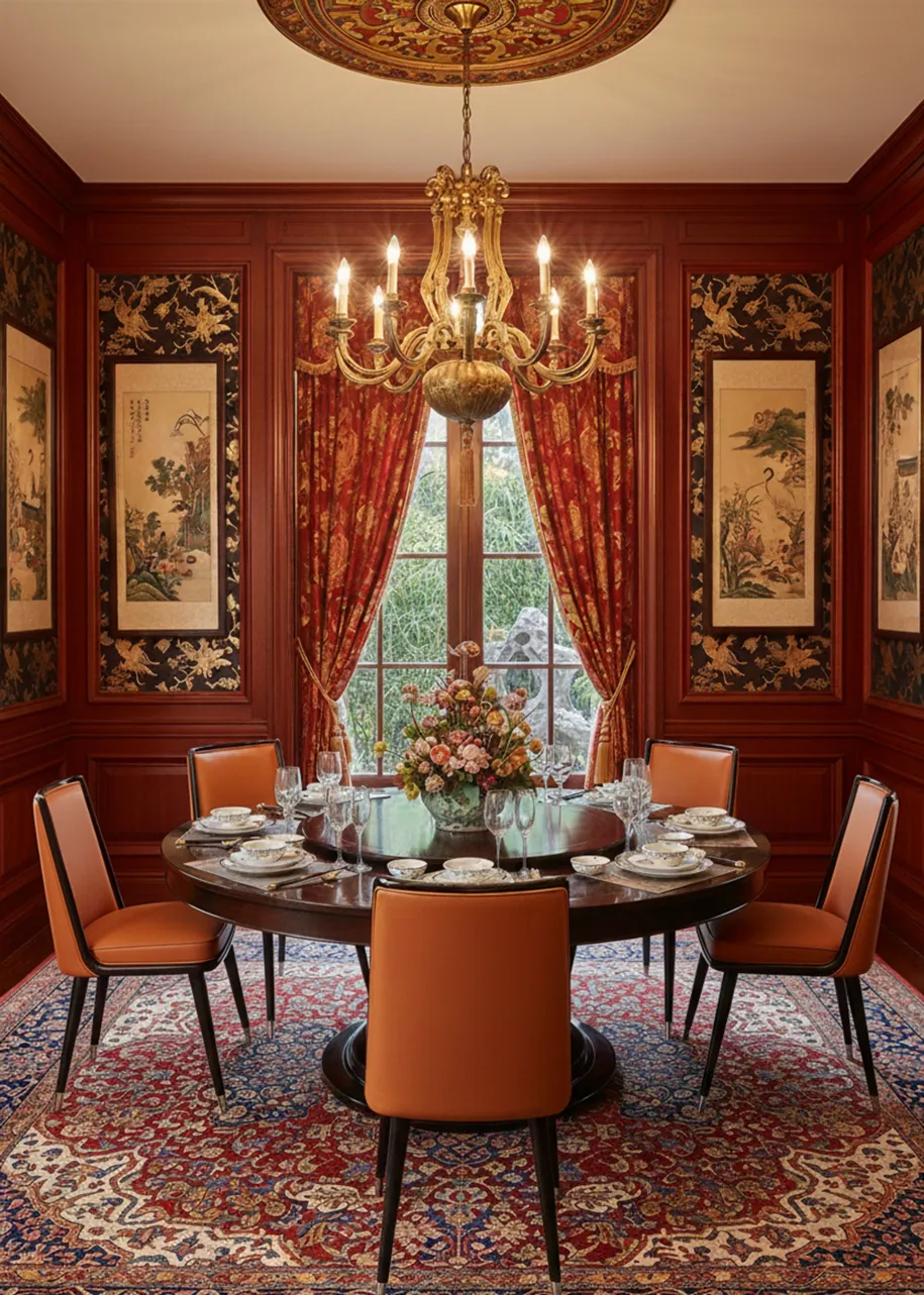 6 antique chairs in an elegant dining room with red curtains