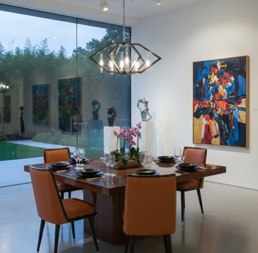 six antique chairs in an elegant setting with modern decor