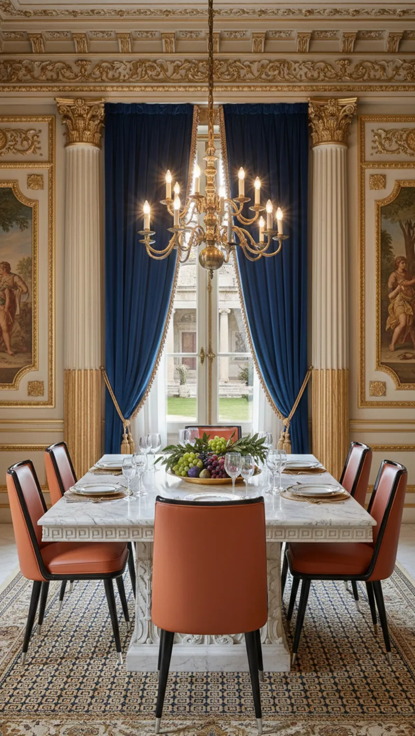 Six antique chairs in an elegant setting, with decorations and a styled table centerpiece.