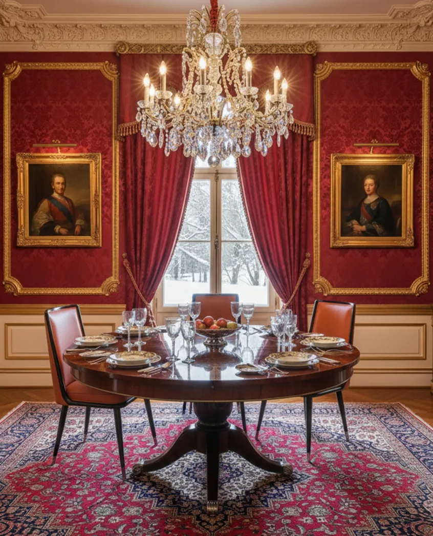 Sei sedie antiche in una sala da pranzo elegante con decorazioni classiche e un lampadario.