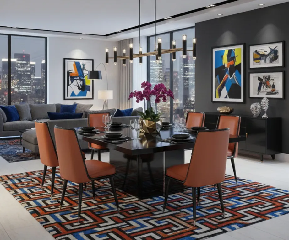 six antique chairs in a modern setting, with decorative elements