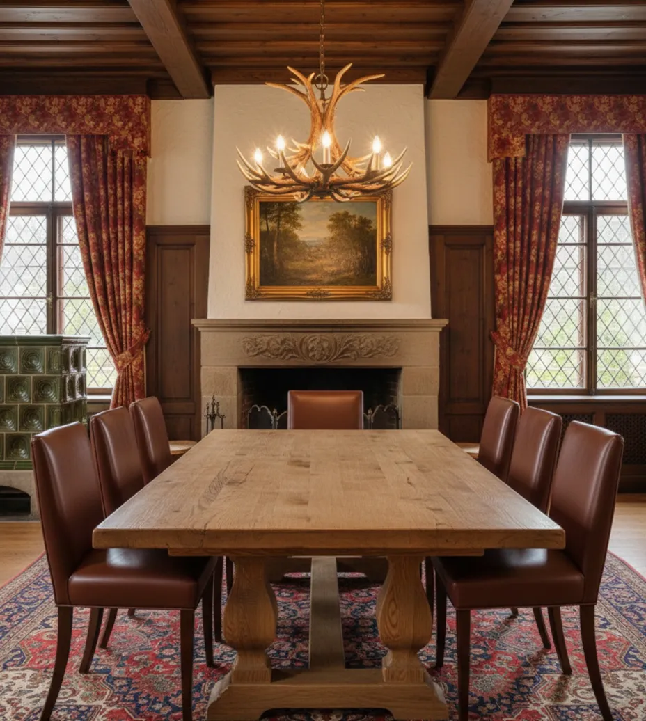 Acht antike Stühle im klassischen Design in einem gemütlichen Esszimmer.